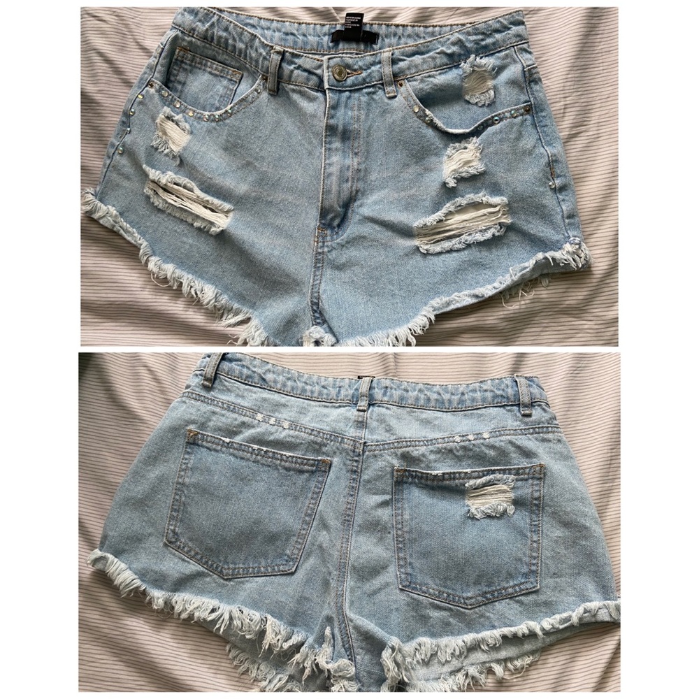 High waisted studded destroyed style denim shorts
